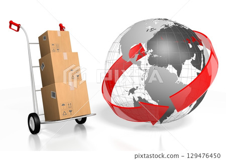 Parcels and Earth - global delivery concept - 3D illustration 129476450