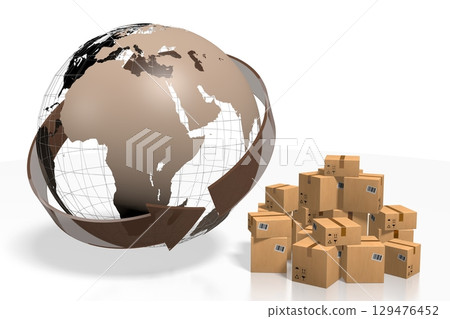 Packages and Earth - global delivery concept - 3D illustration 129476452