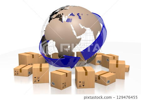 Packages and Earth - global delivery concept - 3D illustration 129476455