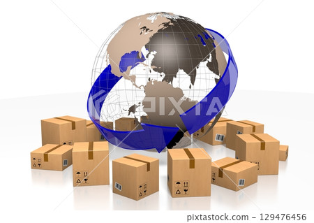 Packages and Earth - global delivery concept - 3D illustration 129476456