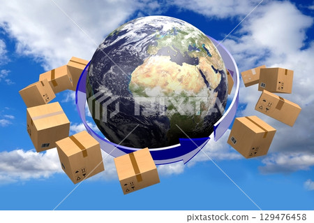 Packages and Earth - global delivery concept - 3D illustration Packages and Earth - global delivery concept - 3D illustration 129476458
