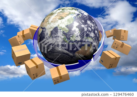 Packages and Earth - global delivery concept - 3D illustration 129476460