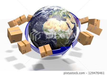 Packages and Earth - global delivery concept - 3D illustration 129476461