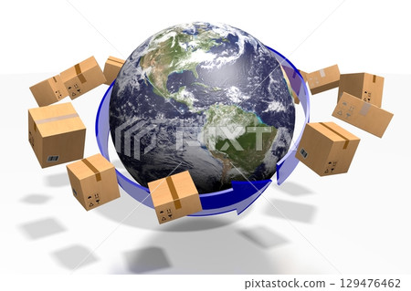 Packages and Earth - global delivery concept - 3D illustration 129476462