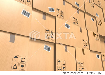 Many carboard packages - warehouse concept - 3D illustration Many carboard packages - warehouse concept - 3D illustration 129476469
