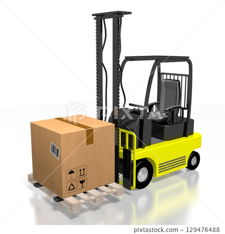 Package on forklift machine - delivery concept - 3D illustration 129476488