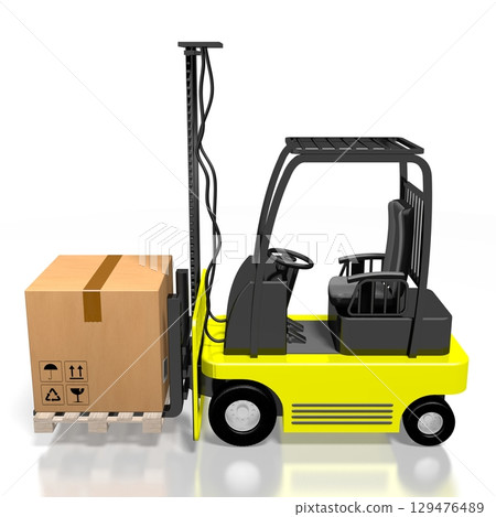 Package on forklift machine - delivery concept - 3D illustration 129476489