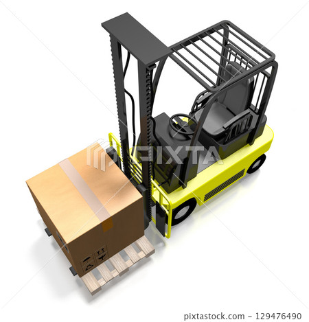 Package on forklift machine - delivery concept - 3D illustration Package on forklift machine - delivery concept - 3D illustration 129476490