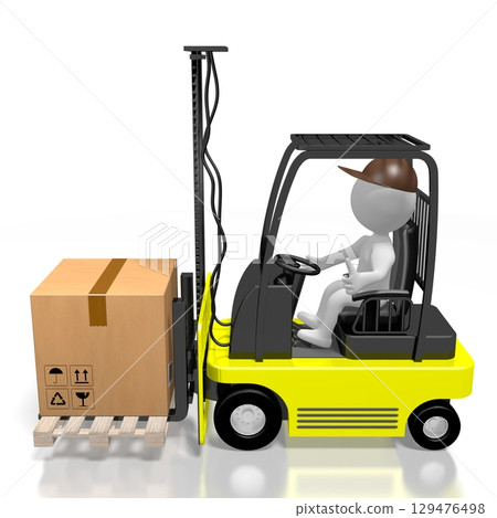 Courier driving forklift machine with a package - 3D illustration 129476498