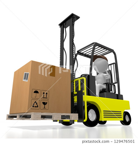 Courier driving forklift machine with a package - 3D illustration 129476501
