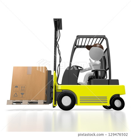Courier driving forklift machine with a package - 3D illustration 129476502