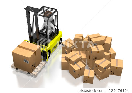 Courier with forklift and packages - delivery concept - 3D illustration 129476504
