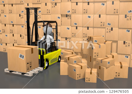 Courier with forklift and packages - delivery concept - 3D illustration 129476505