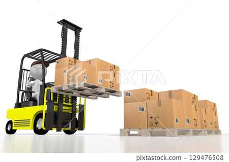 Courier with forklift and packages - delivery concept - 3D illustration 129476508