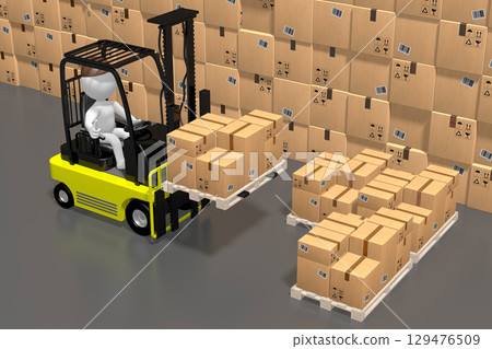 Courier with forklift and packages - delivery concept - 3D illustration 129476509