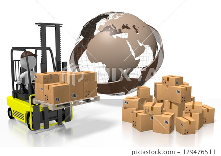Earth, packages and forklift machine - international transport concept - 3D illustration 129476511
