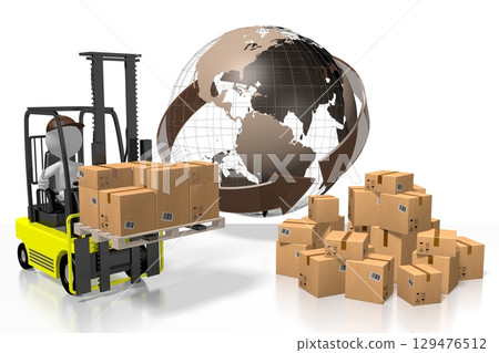 Earth, packages and forklift machine - international transport concept - 3D illustration 129476512