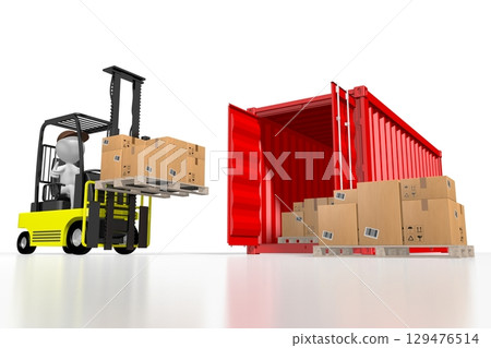 Courier with forklift machine and packages - logistics concept - 3D illustration Courier with forklift machine and packages - logistics concept - 3D illustration 129476514