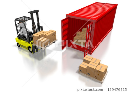 Courier with forklift machine and packages - logistics concept - 3D illustration 129476515