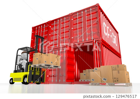 Courier with forklift machine and packages - logistics concept - 3D illustration 129476517