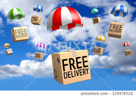 Packages on parachutes - free delivery concept - 3D illustration Packages on parachutes - free delivery concept - 3D illustration 129476528