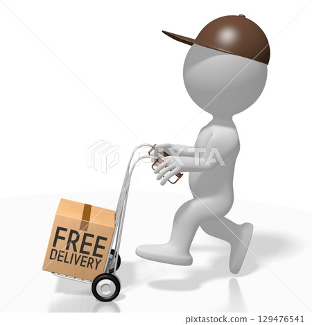 Courier carrying package on cart - 3D illustration Courier carrying package on cart - 3D illustration 129476541