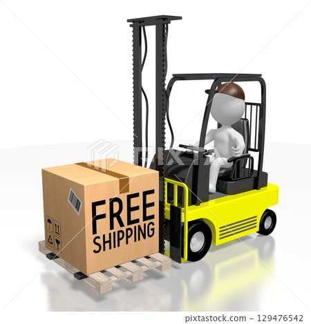 Courier carrying package on forklift vehicle - free shipping concept - 3D illustration Courier carrying package on forklift vehicle - free shipping concept - 3D illustration 129476542