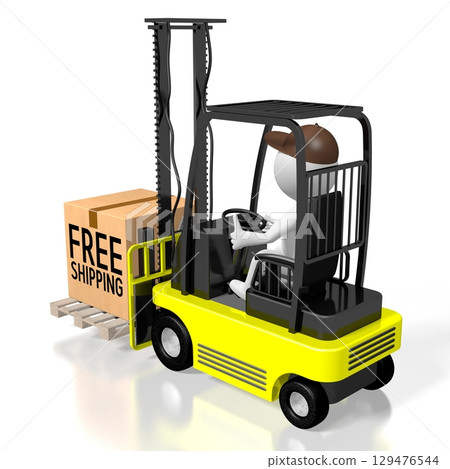 Courier carrying package on forklift vehicle - free shipping concept - 3D illustration Courier carrying package on forklift vehicle - free shipping concept - 3D illustration 129476544