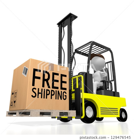 Courier carrying package on forklift vehicle - free shipping concept - 3D illustration 129476545