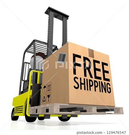 Courier carrying package on forklift vehicle - free shipping concept - 3D illustration Courier carrying package on forklift vehicle - free shipping concept - 3D illustration 129476547