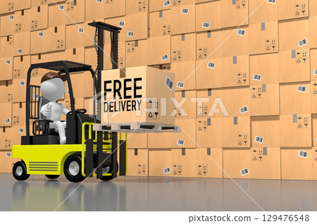 Courier and forklift machine - free delivery concept - 3D illustration Courier and forklift machine - free delivery concept - 3D illustration 129476548