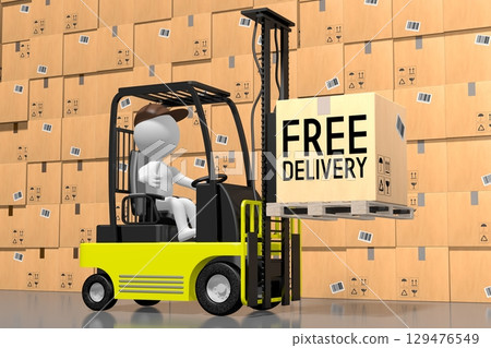 Courier and forklift machine - free delivery concept - 3D illustration 129476549