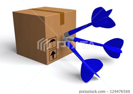 Cartboard box and dartboard arrows isolated on white background - 3D illustration 129476589