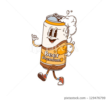 Hippie groovy beer drink can retro character. Pub party booze cute groovy retro vector mascot, alcohol beverage hippie vintage happy personage. Craft beer or ale drink opened can cheerful character Hippie groovy beer drink can retro character. Pub party booze cute groovy retro vector mascot, alcohol beverage hippie vintage happy personage. Craft beer or ale drink opened can cheerful character 129476799
