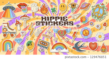 Retro groovy hippie stickers pack. UFO saucer, roller skates, melting emoji face and peace hippie symbols, psychedelic mushrooms, cassette, rainbow and eye funny 80s groovy vector stickers or patches Retro groovy hippie stickers pack. UFO saucer, roller skates, melting emoji face and peace hippie symbols, psychedelic mushrooms, cassette, rainbow and eye funny 80s groovy vector stickers or patches 129476851