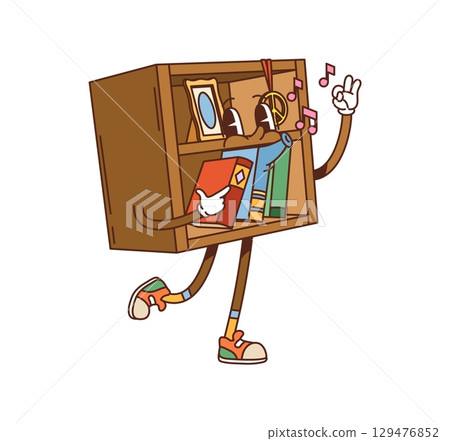 Cartoon bookshelf groovy furniture and interior character with books and ok sign, walks with musical notes and playful attitude. Vector retro funky cheerful personage in sneakers, with y2k hippie vibe 129476852