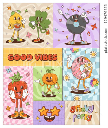 Cartoon groovy characters on poster with funny personages, vector collage. Groovy donut with rainbow daisy flowers, psychedelic strawberry character and disco vinyl disc with smile emoji in sunglasses 129476853