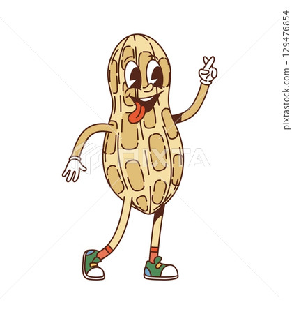 Cartoon groovy peanut nut pod character is smiling, waving hand and showcasing a quirky and happy expression with sticking tongue. Vector cheerful peanut healthy seed personage with y2k retro sneakers Cartoon groovy peanut nut pod character is smiling, waving hand and showcasing a quirky and happy expression with sticking tongue. Vector cheerful peanut healthy seed personage with y2k retro sneakers 129476854