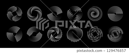 Line round spiral circular shapes, abstract speed swirl movement vector graphic elements. Abstract modern dynamic motion geometric shapes with spiral line pattern. White outline swirls and circles set 129476857