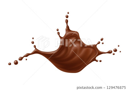 Chocolate splash and flow wave. Realistic cocoa splash and splatters. isolated 3d vector dessert swirl drink or stream. Brown coffee beverage with drops, liquid splashing with dynamic droplets scatter Chocolate splash and flow wave. Realistic cocoa splash and splatters. isolated 3d vector dessert swirl drink or stream. Brown coffee beverage with drops, liquid splashing with dynamic droplets scatter 129476875