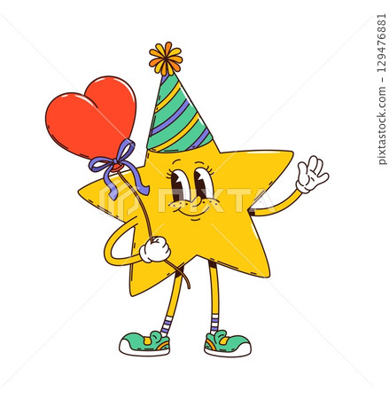 Cartoon groovy birthday holiday character of star with balloon, vector emoji. Funny groovy star with happy smile in birthday party cap with balloon heart for kids cute cheerful comic character Cartoon groovy birthday holiday character of star with balloon, vector emoji. Funny groovy star with happy smile in birthday party cap with balloon heart for kids cute cheerful comic character 129476881