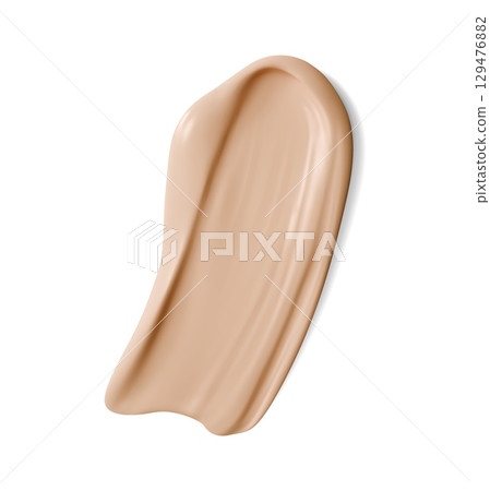 Beige foundation cream swatch, skincare cosmetic drop, liquid powder or bb creme. Isolated realistic 3d vector smooth beige concealer stroke. Creamy cosmetics glossy finish, beauty skincare product 129476882