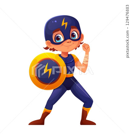 Kid superhero character, cartoon vector brave boy super hero dressed in a blue and yellow outfit and mask, holding a shield with a lightning bolt emblem, highlight strength, courage, children fantasy Kid superhero character, cartoon vector brave boy super hero dressed in a blue and yellow outfit and mask, holding a shield with a lightning bolt emblem, highlight strength, courage, children fantasy 129476883