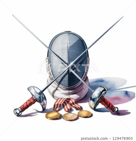 Fencing Equipment and Medals Displayed With Two Swords Crossed in an Artistic Arrangement 129476903