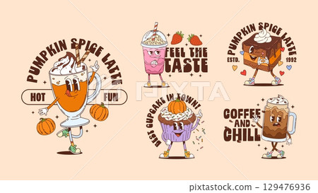 Groovy dessert characters t shirt print poster. Vector sweet comic personages of seasonal drinks and desserts like pumpkin spice latte, cupcake, milkshake and brownie with playful faces and y2k vibes 129476936