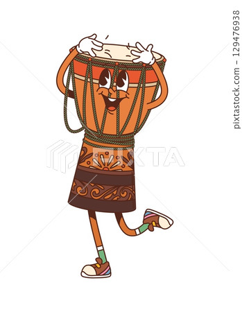 Cartoon African drum groovy musical instrument character. Isolated vector funny djembe y2k personage playing tribal music, folk performance or reggae concert, ready for kids school educational classes 129476938