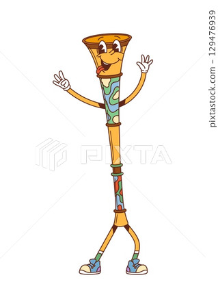 Cartoon groovy vuvuzela musical instrument character with happy quirky face. Isolated vector sports fan pipe, funny comic trumpet personage announcing party, festival celebration or soccer tournament Cartoon groovy vuvuzela musical instrument character with happy quirky face. Isolated vector sports fan pipe, funny comic trumpet personage announcing party, festival celebration or soccer tournament 129476939