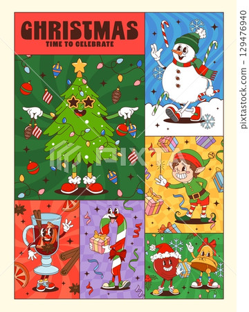 Christmas winter groovy holiday characters collage poster with comic snowman, elf, candy cane, mulled wine, and tree y2k retro personages celebrating Xmas holiday with lights, gifts, and festive cheer Christmas winter groovy holiday characters collage poster with comic snowman, elf, candy cane, mulled wine, and tree y2k retro personages celebrating Xmas holiday with lights, gifts, and festive cheer 129476940