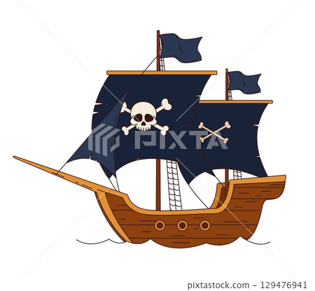 Cartoon groovy pirate sailing ship. Isolated vector retro corsair vintage vessel features dark sails adorned with flags, skull and crossbones, evokes y2k sea adventure and mystery of pirate naval lore 129476941