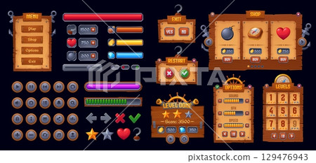 Pirate and corsair arcade game interface elements, GUI frames and icons asset. Vector old wood boards, menu screen banners, interface buttons and game level score sign with cartoon pirate ship objects 129476943